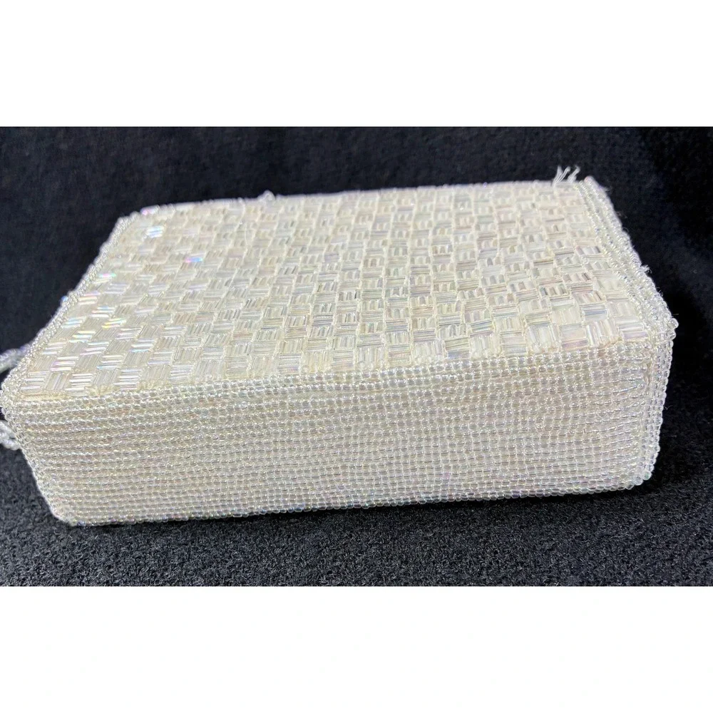 Vintage Iridescent White Beaded Evening Clutch Crossbody Bag Basketweave Pattern